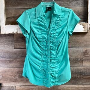 Nue Options Ladies Short Sleeve Button Up Slimming Blouse Top, Size Medium,Green